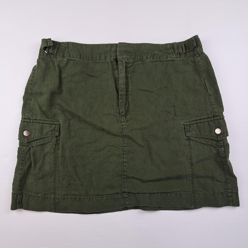 Athleta Skirt Womens 14 Green 100% Linen Cargo Pockets Elastic Waist Travel